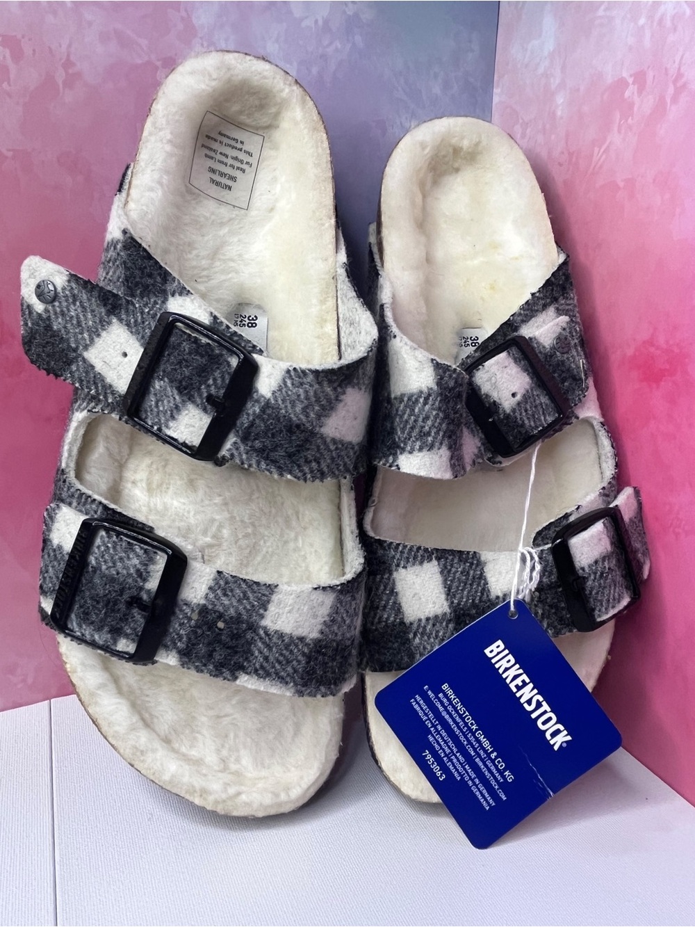 Birkenstock Kids Black & White Plaid Shearling Two-Strap Sandals